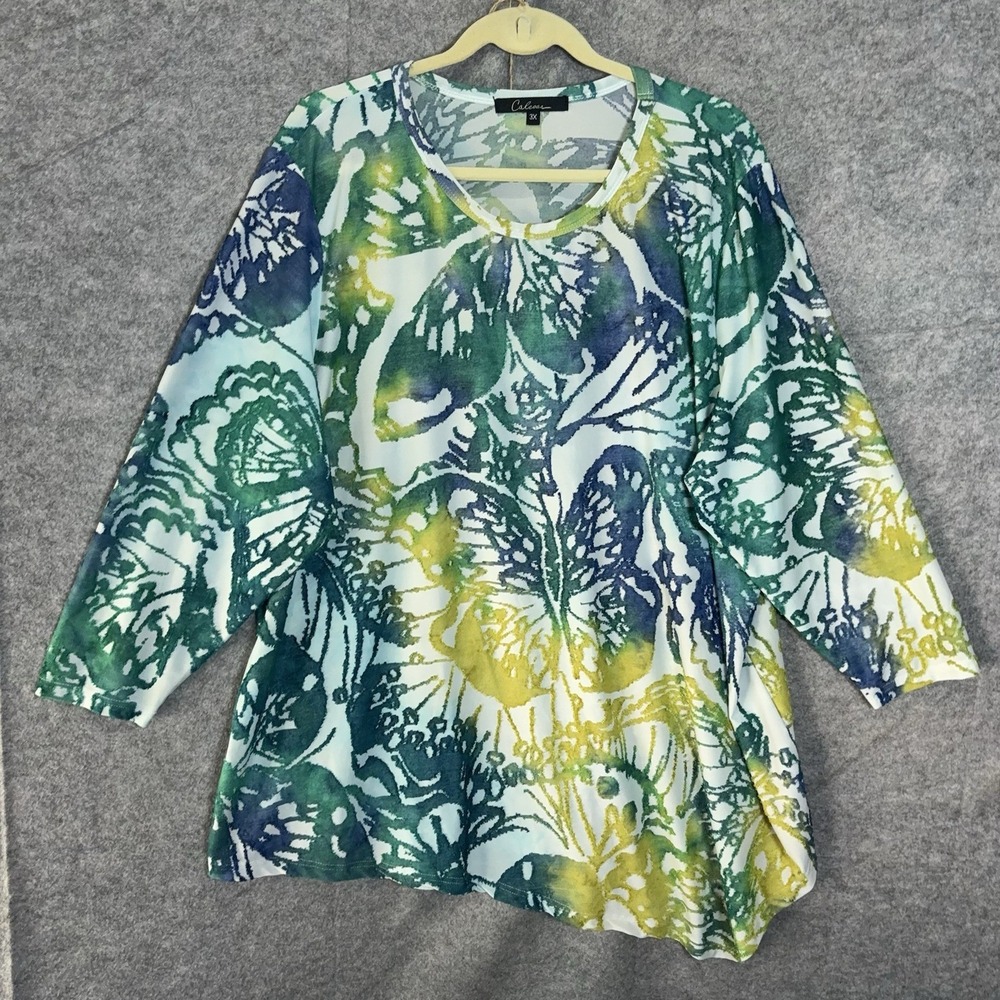 Calessa Blouse Tunic Womens 3X Blue‎ Yellow Embroidered Butterfly